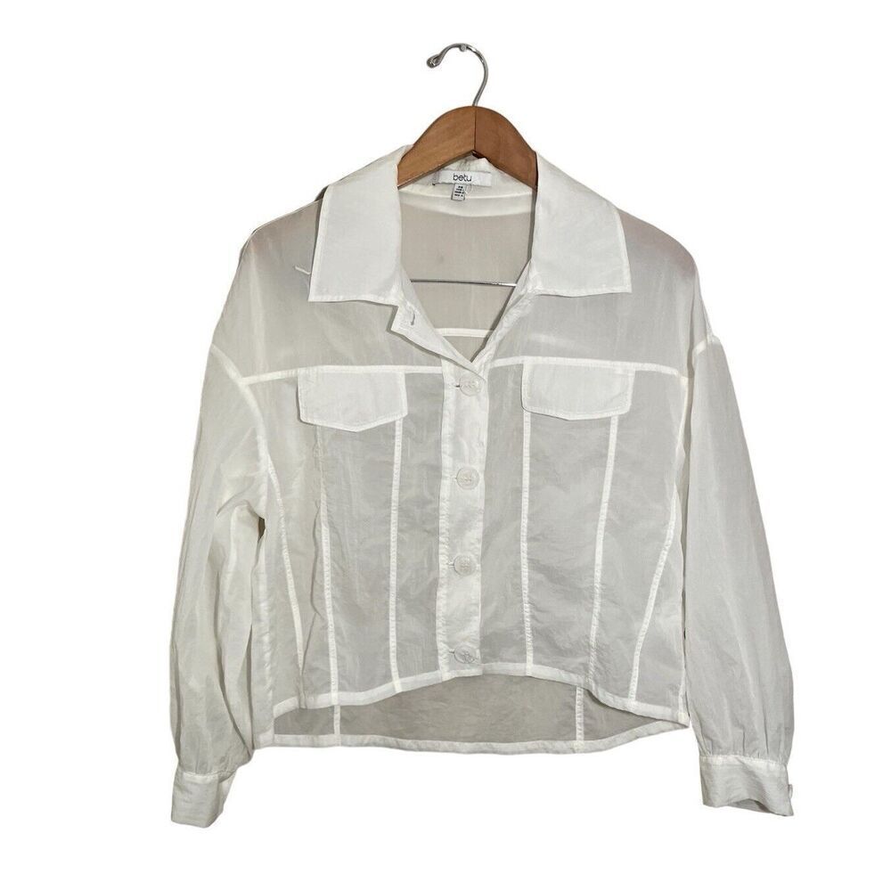 Betu Nylon Long Sleeve Crop Top Womens Sz 6 Buttons Semi Sheer Faux Pocket White